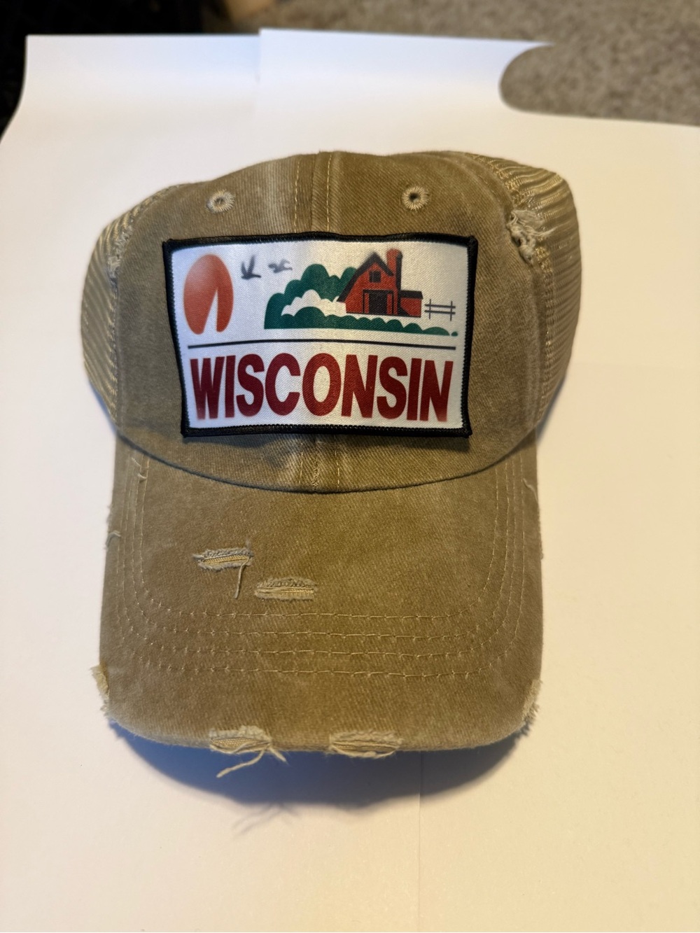 Wisconsin Patch Distressed Khaki Baseball Cap